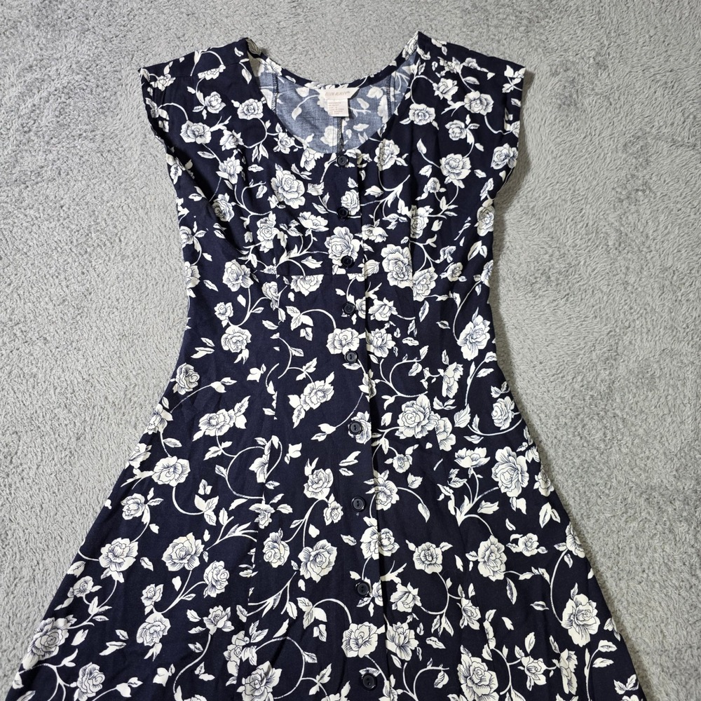 Ellen Ashley Womens 8 Midi Dress Black White Floral Button Front Cap Slv Rayon